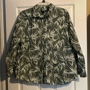 Lands’ End women’s green tropical print long sleeve button down shirt size XL